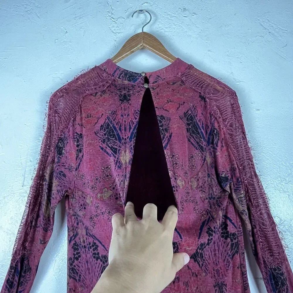Free People Boho Tunic Top Lace Sleeve Keyhole Back Linen Blend M